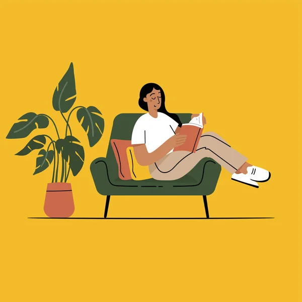 Menina lendo um livro e conceito de descanso . — Vetor de Stock