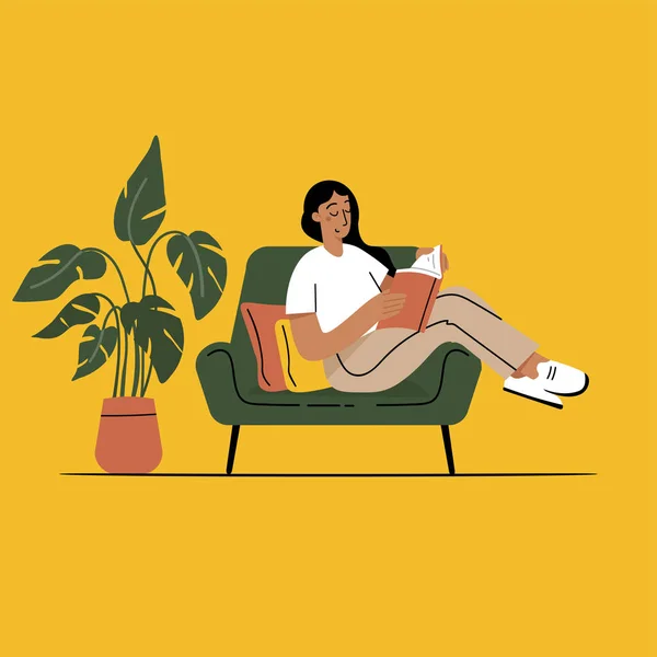 Chica leyendo un libro y descansando concepto . — Vector de stock