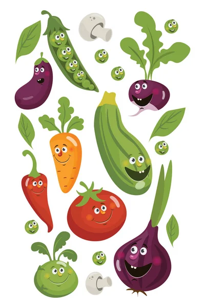 Taze sebzeler acı biber, salatalık, havuç, sarımsak, patlıcan ve soğan, kabak, turp ve domates. — Stok Vektör