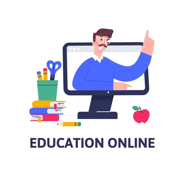 Çevrimiçi eğitim kavramı. Uzak eğitim kursları, dersler, seminerler, webinarlar. — Stok Vektör