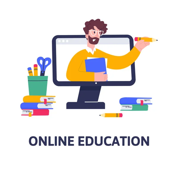 El concepto de educación en línea. Cursos de formación a distancia, tutoriales, seminarios, webinars.. — Vector de stock