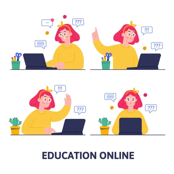 Векторна мультиплікаційна ілюстрація дівчини, навчання онлайн-навчання з ноутбуком . — стоковий вектор