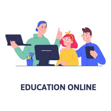 Evde okuyan erkek ve kız çocukları, çevrimiçi dersler, karantina sırasında sosyal uzaklık eğitimi, kendini izole etme, evde eğitim görme.