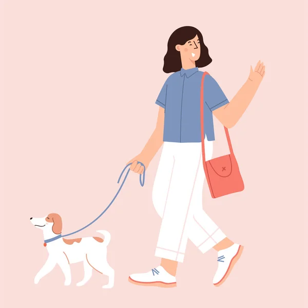 Joven mujer caminando y relajándose con jack russell perro . — Archivo Imágenes Vectoriales