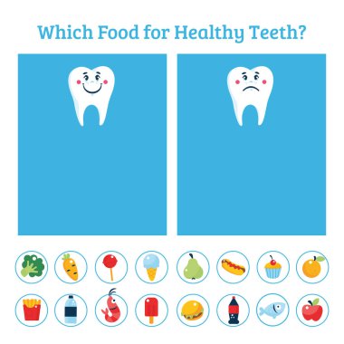 Çocuklar için diş eğitimi oyunu. Sağlıklı dişler için yemek seçin.. 