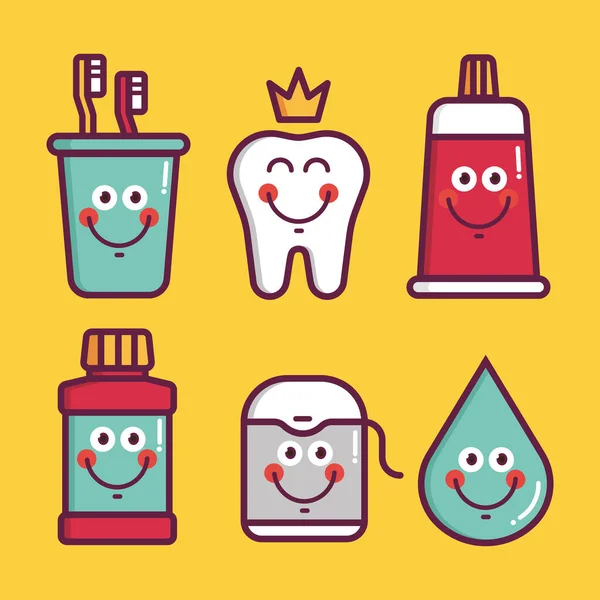 Higiena jamy ustnej dla dziecka - ikony szklane ze szczoteczką, zębami króla, pastą do zębów, balsamem, nicią dentystyczną, wodą — Wektor stockowy