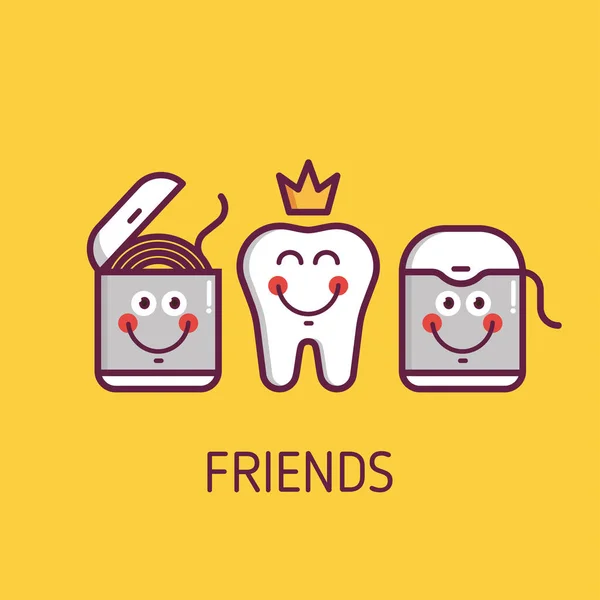 Higiena jamy ustnej dla dziecka - ikony. Ilustracja o przyjaźni z zabawnymi zębami emotikonowymi i nicią dentystyczną — Wektor stockowy