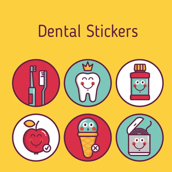 Higiena jamy ustnej dla dziecka - naklejki szczotki, zęby, balsam, nici dentystyczne, jabłko, lody — Wektor stockowy