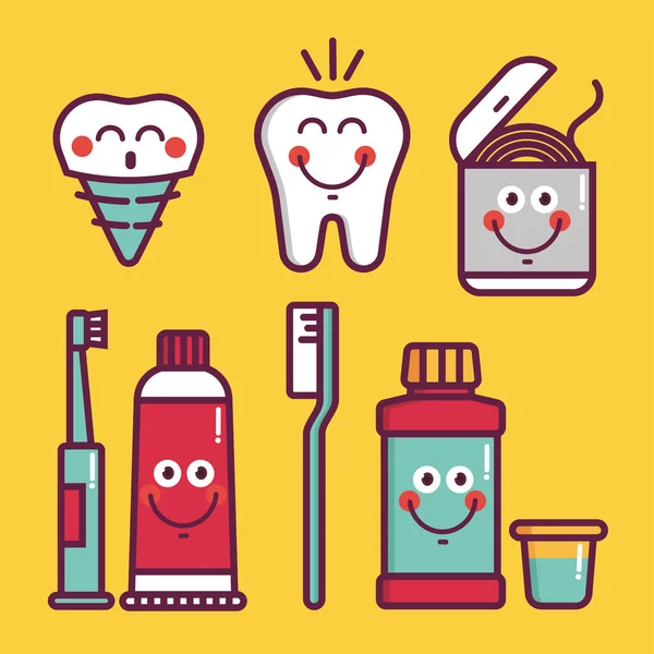 Higiena jamy ustnej dla dziecka - ikony szczoteczek, zębów, pasty do zębów, balsamu, nici dentystycznej, wody, implantów protetycznych — Wektor stockowy