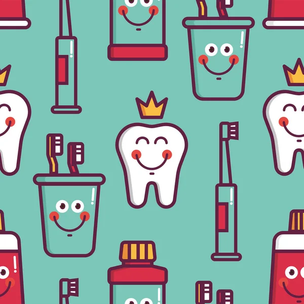 Płynny wzór z zębami, koroną, nicią dentystyczną, pastą do zębów, szczoteczką, balsamem — Wektor stockowy