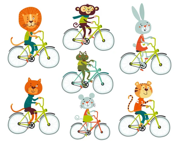 Lindos animales de dibujos animados león, tigre, conejo, rana, mono, ratón montar en bicicleta — Vector de stock