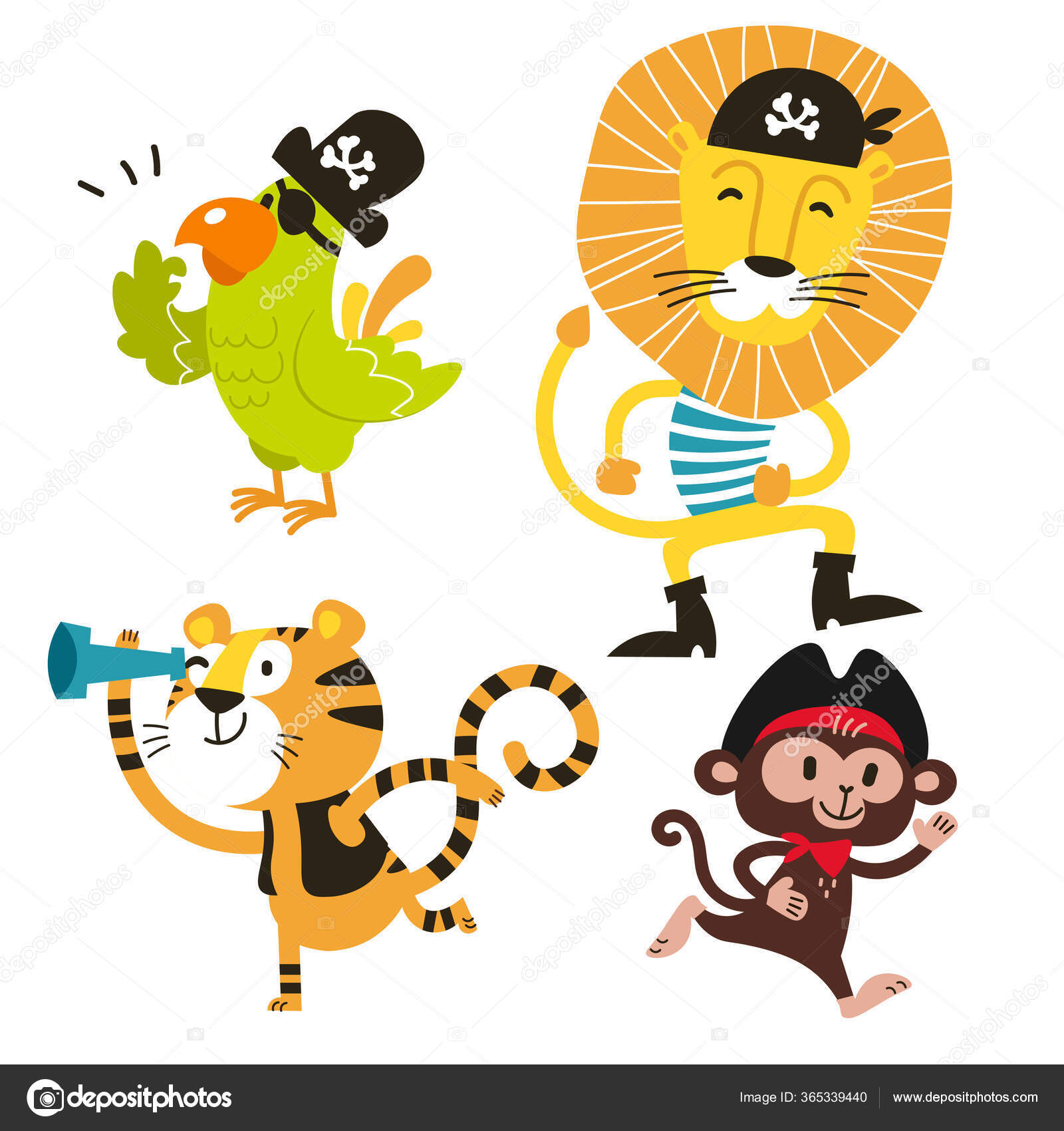Animals vector set. Cartoon Monkey, parrot, tiger, lion pirate. Stock  Vector Image by ©a_compot #365339440