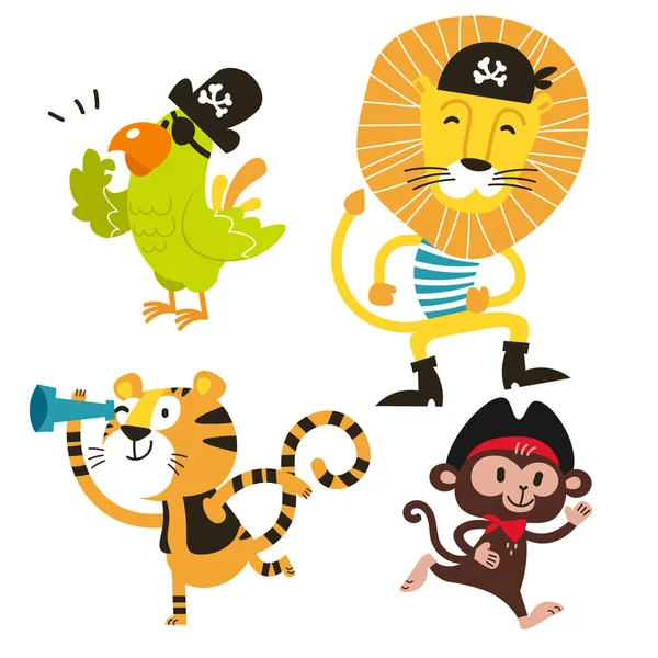 Wektor zwierząt ustawiony. Kreskówka Małpa, papuga, tygrys, lew pirat. — Wektor stockowy