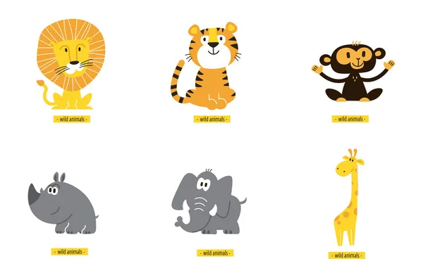 Animals vector set. Cartoon Monkey, giraffe, lion, hippo, elephant, tiger. — Stock Vector