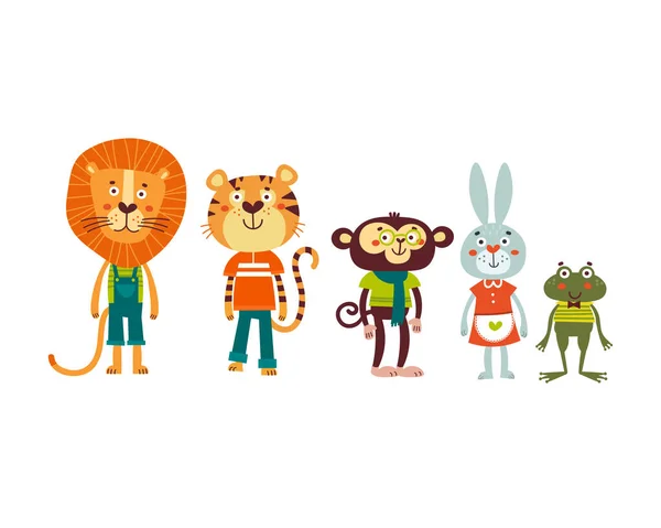 Cute zestaw zwierząt, w tym lew, tygrys, małpa, królik i żaba. Ilustracja wektora kreskówki — Wektor stockowy