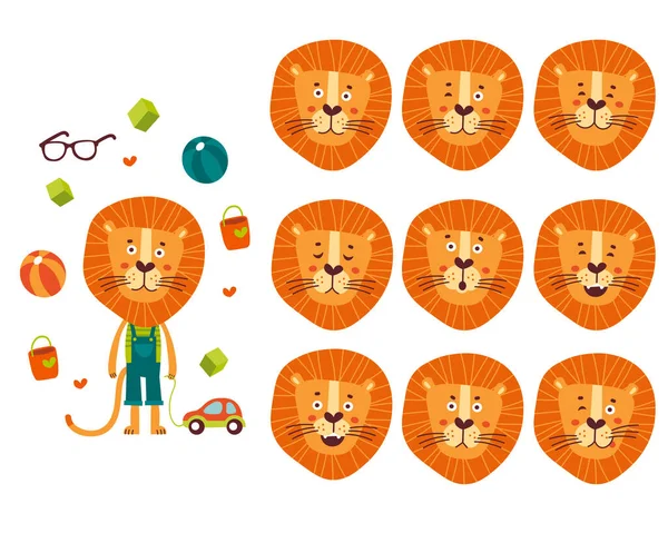 Conjunto de lindo león de dibujos animados con varias emociones . — Archivo Imágenes Vectoriales
