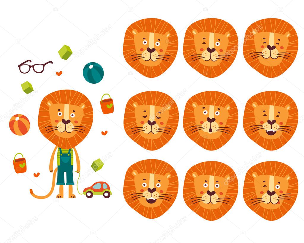 Set of cute cartoon lion with various emotions. 