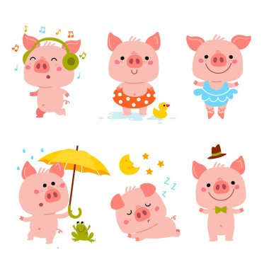 Noel kartı, parmak izi, takvim, çıkartma, davetiye, bebek partisi, çocuk kıyafetleri, posterler için Vector Pembe Piggy Çizgi Filmi illüstrasyonu