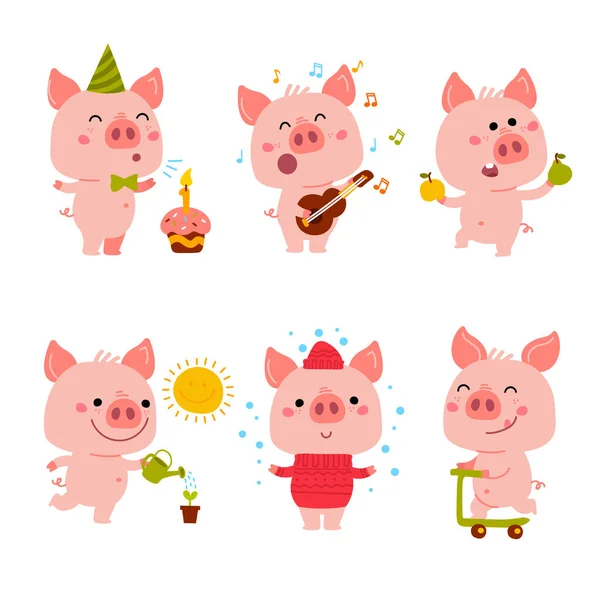 Noel kartı, parmak izi, takvim, çıkartma, davetiye, bebek partisi, çocuk kıyafetleri, posterler için Vector Pembe Piggy Çizgi Filmi illüstrasyonu