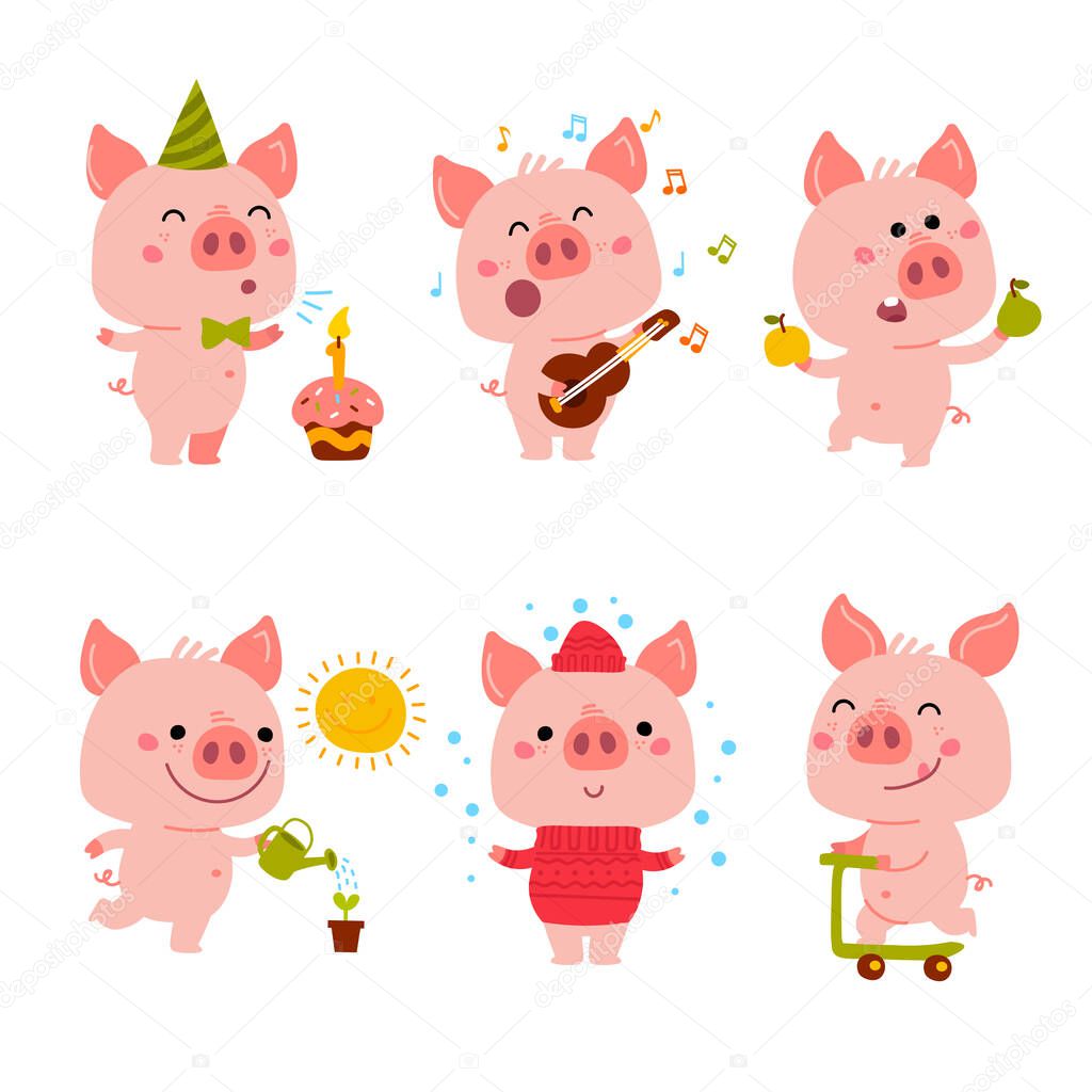 Vector Pink Piggy Cartoon illustration for Christmas card, prints, calendar, sticker, invitation, baby shower, children clothes, posters