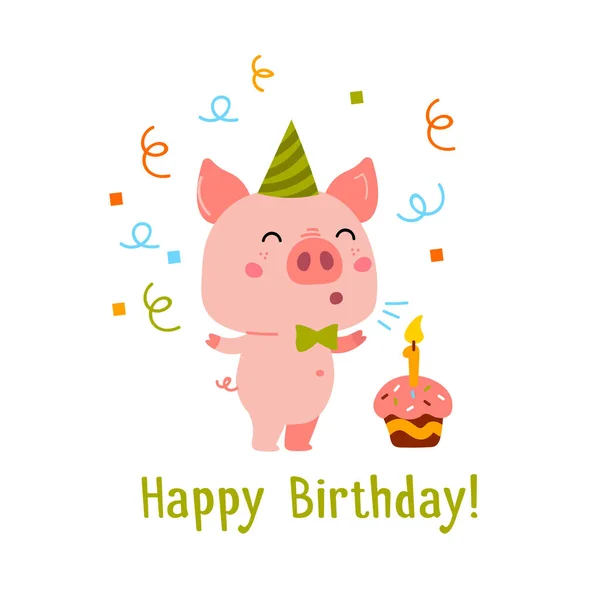Vector rózsaszín malac ünnepli születésnapi party cupcake. — Stock Vector