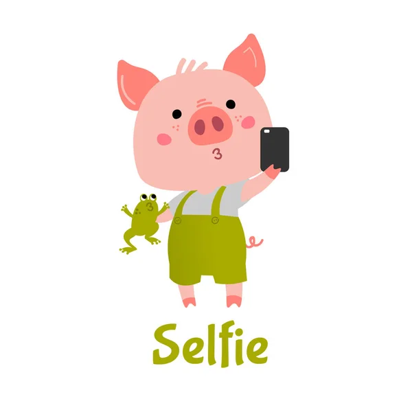 Vector Pink Piggy chłopiec z zieloną żabą robi selfie. — Wektor stockowy