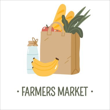 Beyaz arka planda el yapımı kağıt torbalarda izole edilmiş yiyecekler.. 