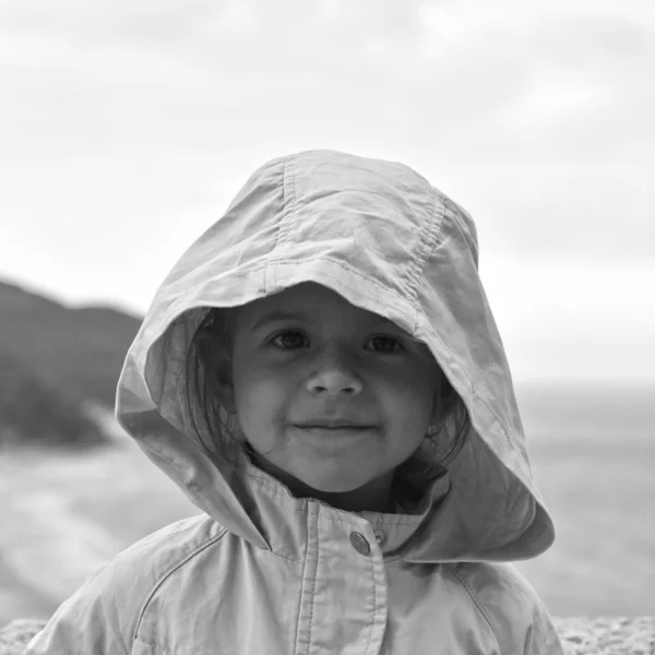 Little Girl Wearing Raincoat Jacket Hood Stormy Sky Magnetic Intense — Stock Photo, Image