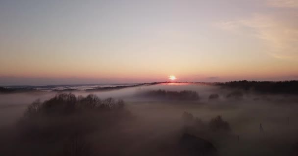 Mistyczny i mglisty lot nad wioskami, polami i lasami — Wideo stockowe
