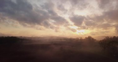 Tarlalar ve ormanlar üzerinde mistik ve sisli uçuş