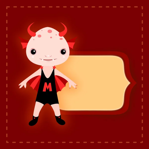 Sevimli küçük kırmızı canavar ile kartı. Cadılar Bayramı. 