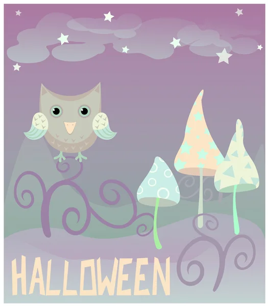 Sihirli mantar, baykuş ve yıldız ile bir poster. Gece sis. 