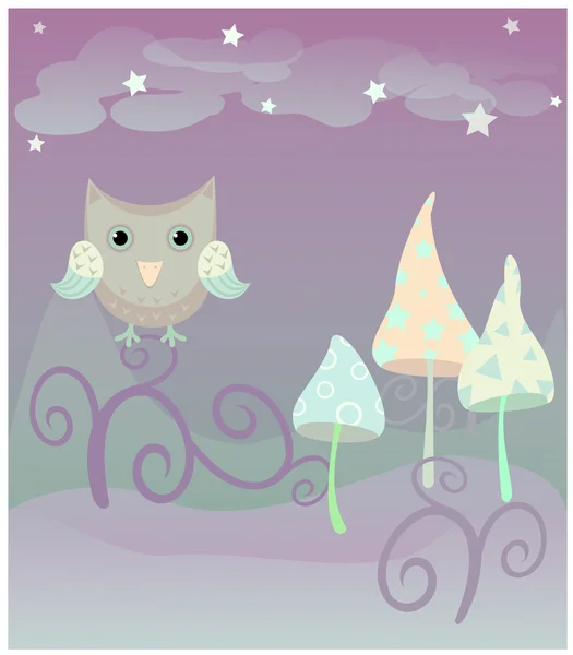 Sihirli mantar, baykuş ve yıldız ile bir poster. Gece sis. Cadılar Bayramı.