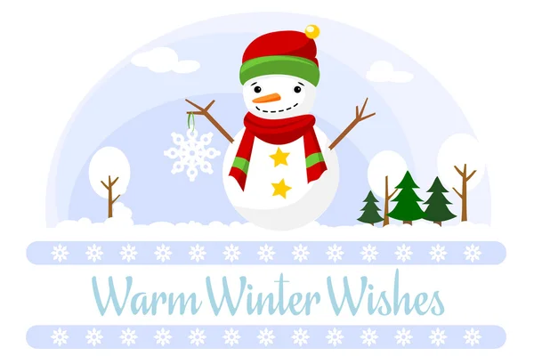 Tarjeta de felicitación "Deseos cálidos de invierno" con muñeco de nieve y copos de nieve . —  Fotos de Stock