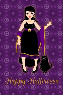 Cadı ve kara kedi Cadılar Bayramı için tebrik kartı.