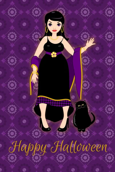 Cadı ve kara kedi Cadılar Bayramı için tebrik kartı.