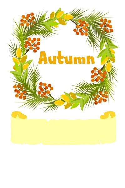 Çilek ve dalları sonbahar çelenk ile tebrik kartı. Beyaz arka plan.