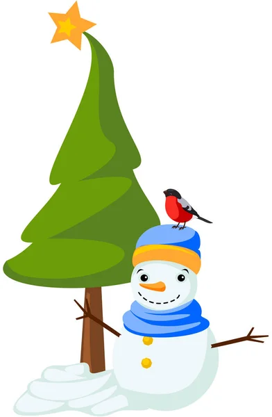 Noel sahne. Noel ağacı, kardan adam ve şakrak kuşu. 