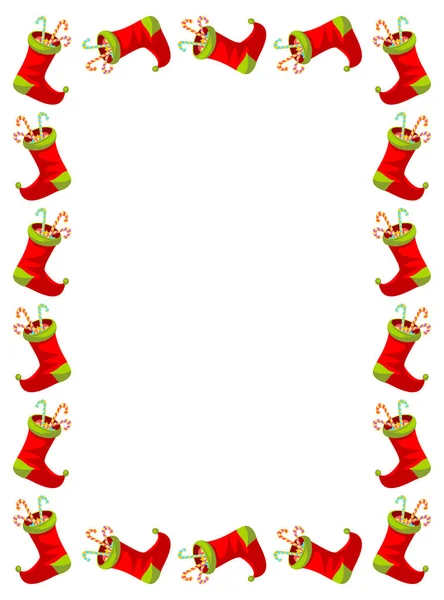 Großer rechteckiger Rahmen mit Weihnachtssocken und Zuckerstangen. — Stockfoto