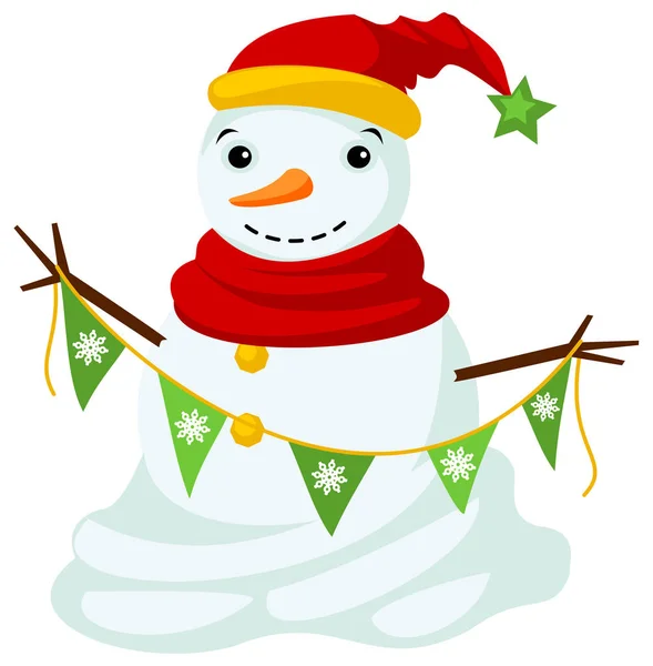 Şapka ve atkı gülümseyen kardanadam. Kardan adam holding garland etiketleri ile. 