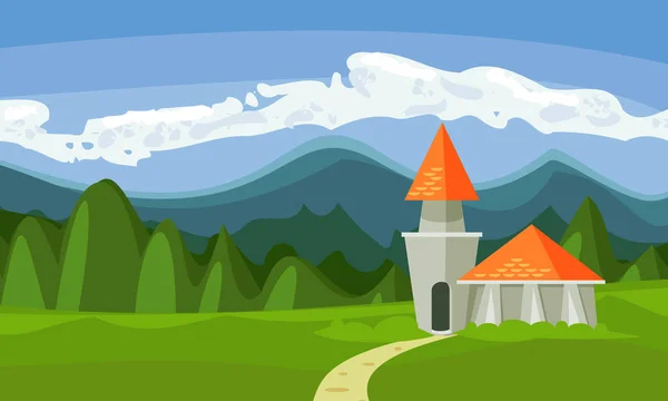 Yaz manzara. Arka plan. Dağlar, orman ve kale.