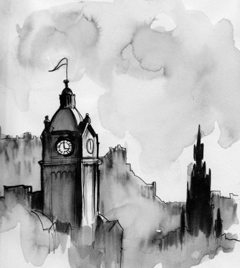İskoçya 'da Edinburgh. Mürekkep ve suluboya çizimi