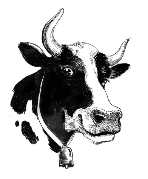 Tête Vache Laitière Encre Dessin Noir Blanc — Photo