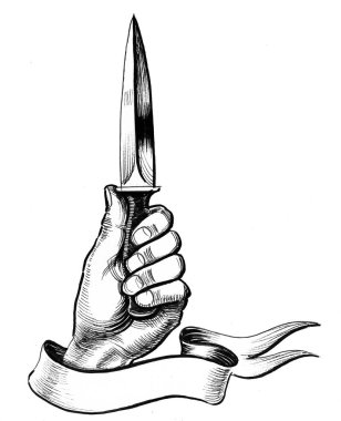 Bir bıçak tutan el. Mürekkep siyah ve beyaz çizim