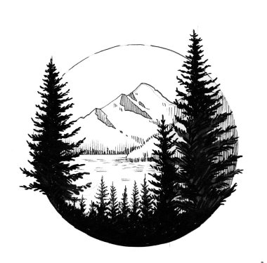 Dağ manzarası. Mürekkep siyah beyaz çizim