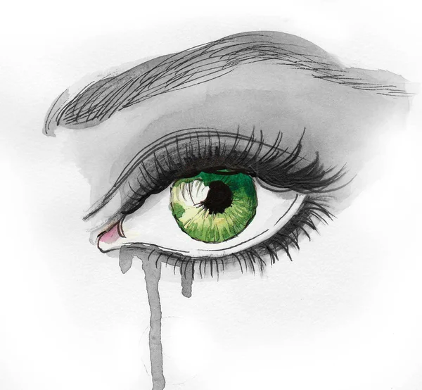 Bel Oeil Vert Larme Illustration Encre Aquarelle — Photo