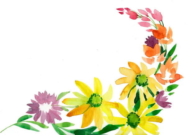 Flores Amarelas Laranja Pintura Aquarela — Fotografia de Stock