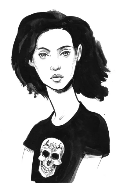 Jolie Femme Shirt Noir Illustration Encre — Photo