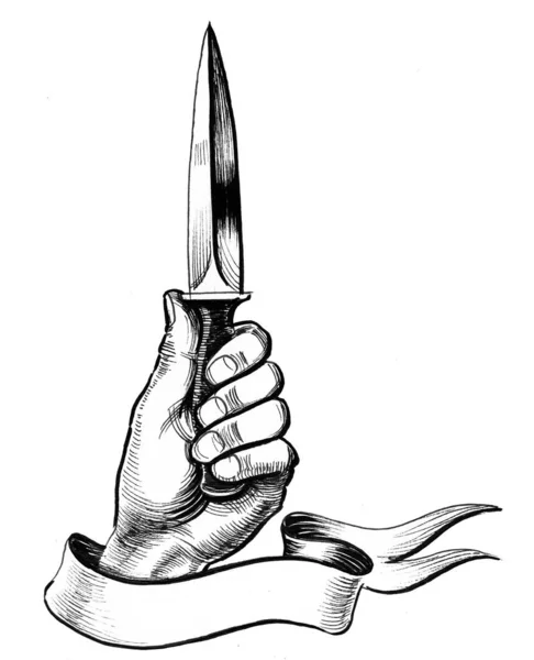 Χέρι Κρατώντας Ένα Μαχαίρι Μελάνι Μαύρο Και Άσπρο Σχέδιο — Φωτογραφία Αρχείου