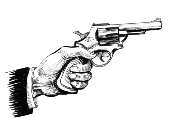 Handen Håller Revolverpistol Bläck Svart Och Vitt Ritning — Stockfoto